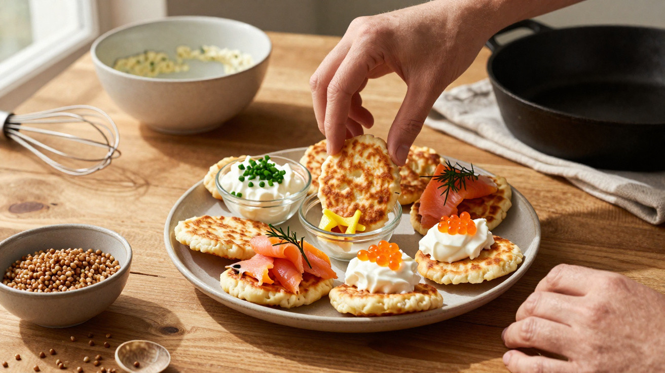 Mão a pegar disco de massa no prato com blinis decorados com salmão, natas e caviar na mesa de madeira.