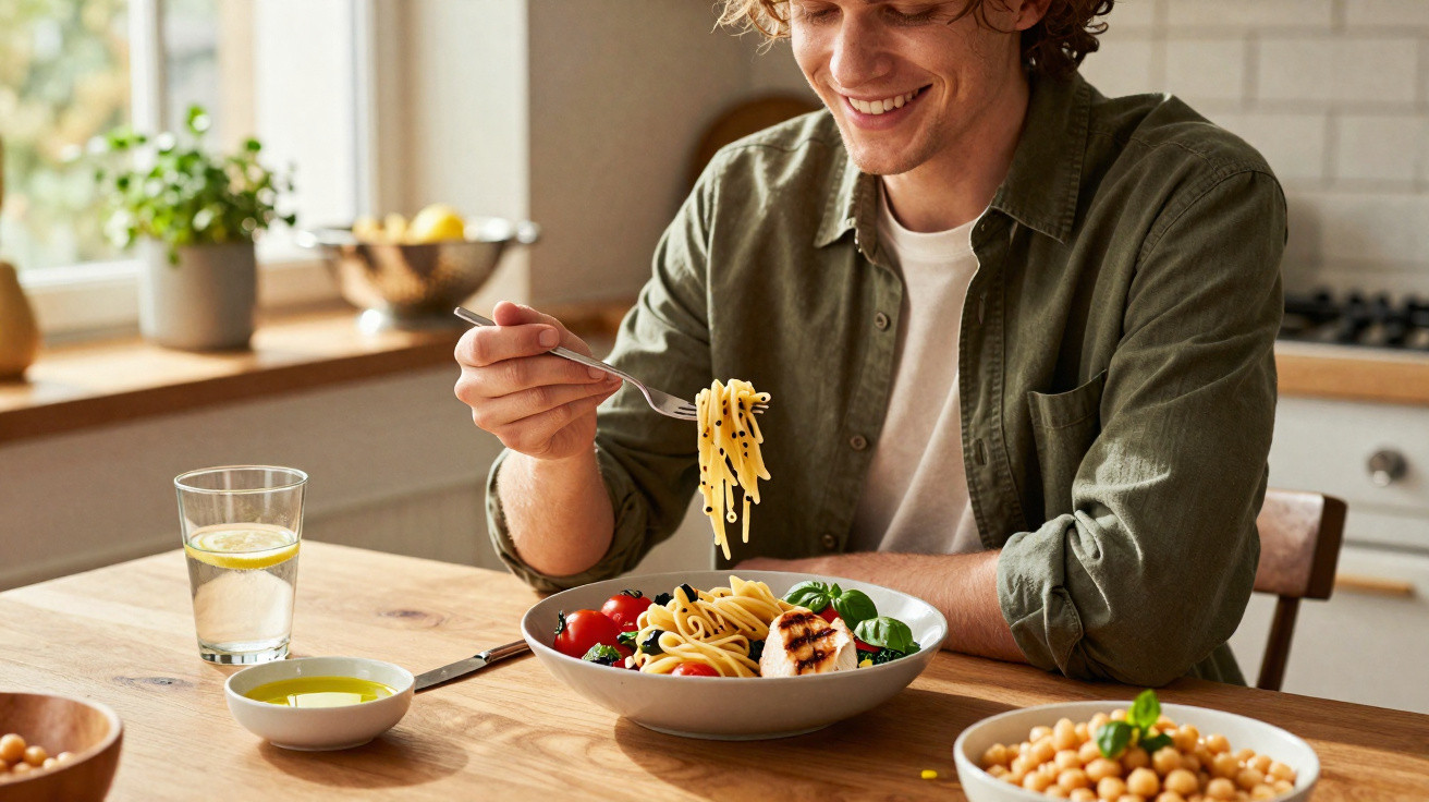 Jovem sorridente a comer esparguete com legumes e queijo numa cozinha iluminada.