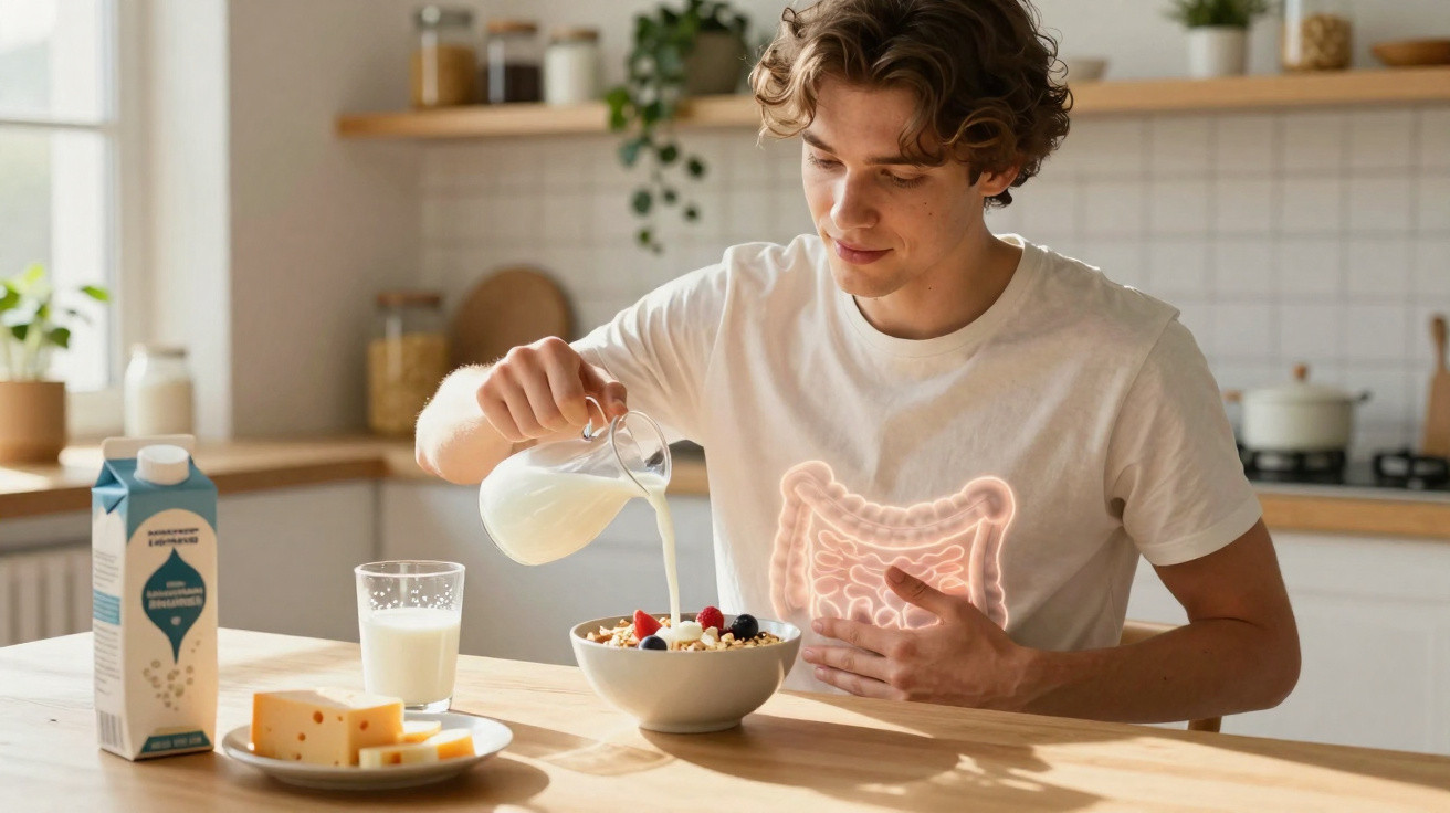 Homem a verter leite numa taça de cereais sentado à mesa da cozinha com ilustração do sistema digestivo no peito.