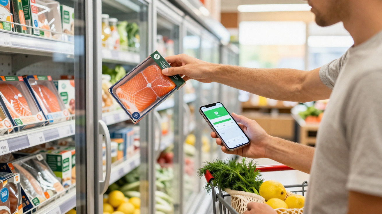 Pessoa a segurar embalagem de salmão e a usar telemóvel num supermercado junto a carrinho com legumes e frutas.