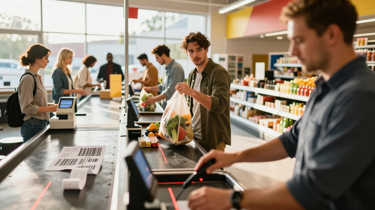 Clientes a passar produtos no caixa de supermercado moderno com luz natural e prateleiras de bebidas ao fundo.