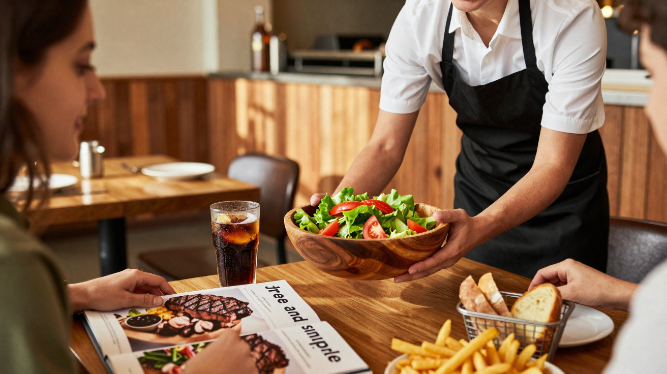 Empregado a servir uma salada numa tigela de madeira a clientes numa mesa com batatas fritas e pão.