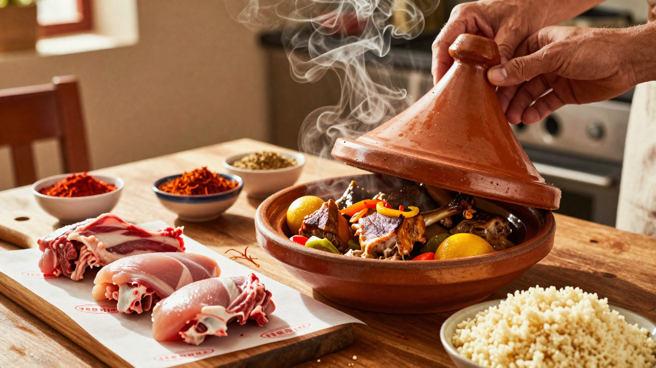 Mãos a levantar tampa de tajine com guisado aromático, carne crua, especiarias e cuscuz numa cozinha.