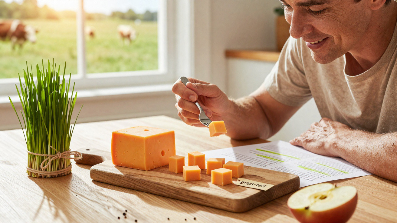 Homem a saborear cubos de queijo num prato de madeira junto à janela com campo e vacas ao fundo.