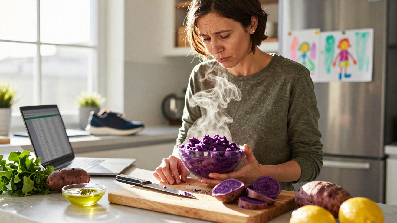 Mulher a preparar batata-doce roxa quente na cozinha com laptop e legumes à sua volta.