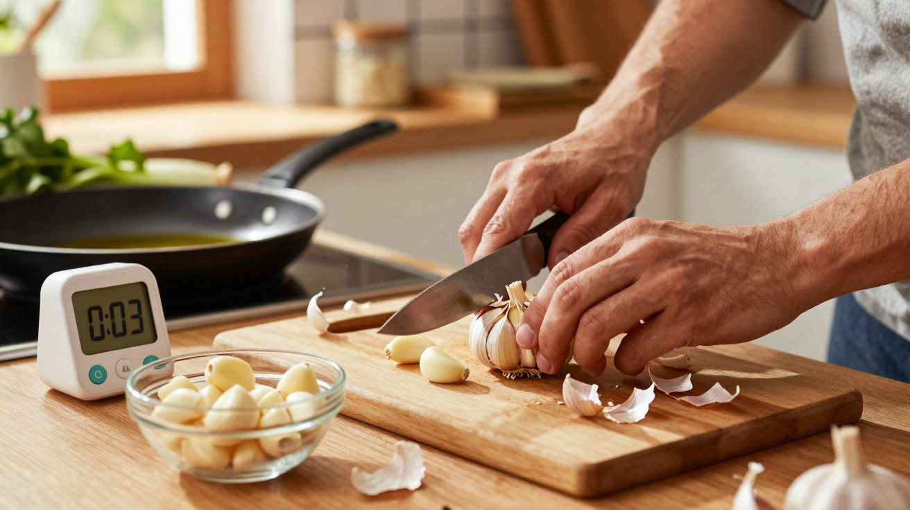 Pessoa a cortar dentes de alho numa tábua de madeira numa cozinha com temporizador digital e tábua de vidro.