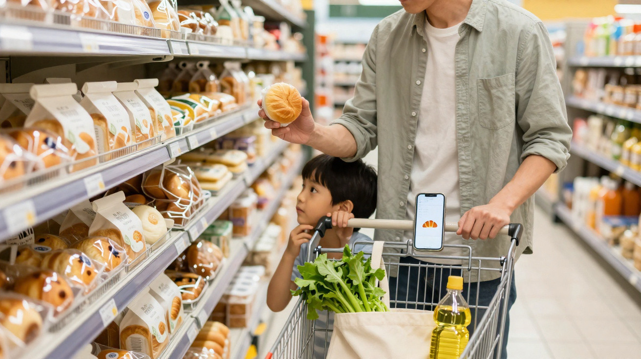 Homem e criança escolhem pão na secção de padaria de supermercado, carrinho com legumes e óleo.
