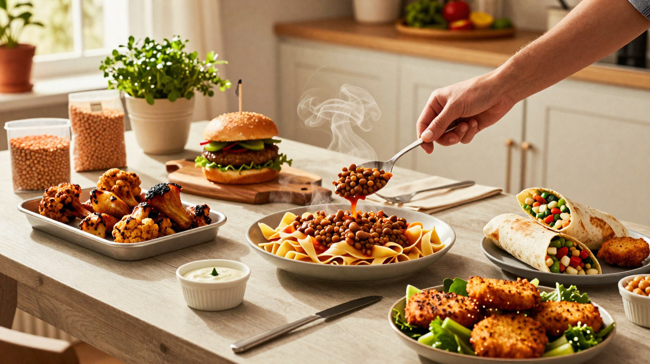 Mesa de madeira com vários pratos de comida caseira vegan, incluindo massa, hambúrguer, wraps e salada.
