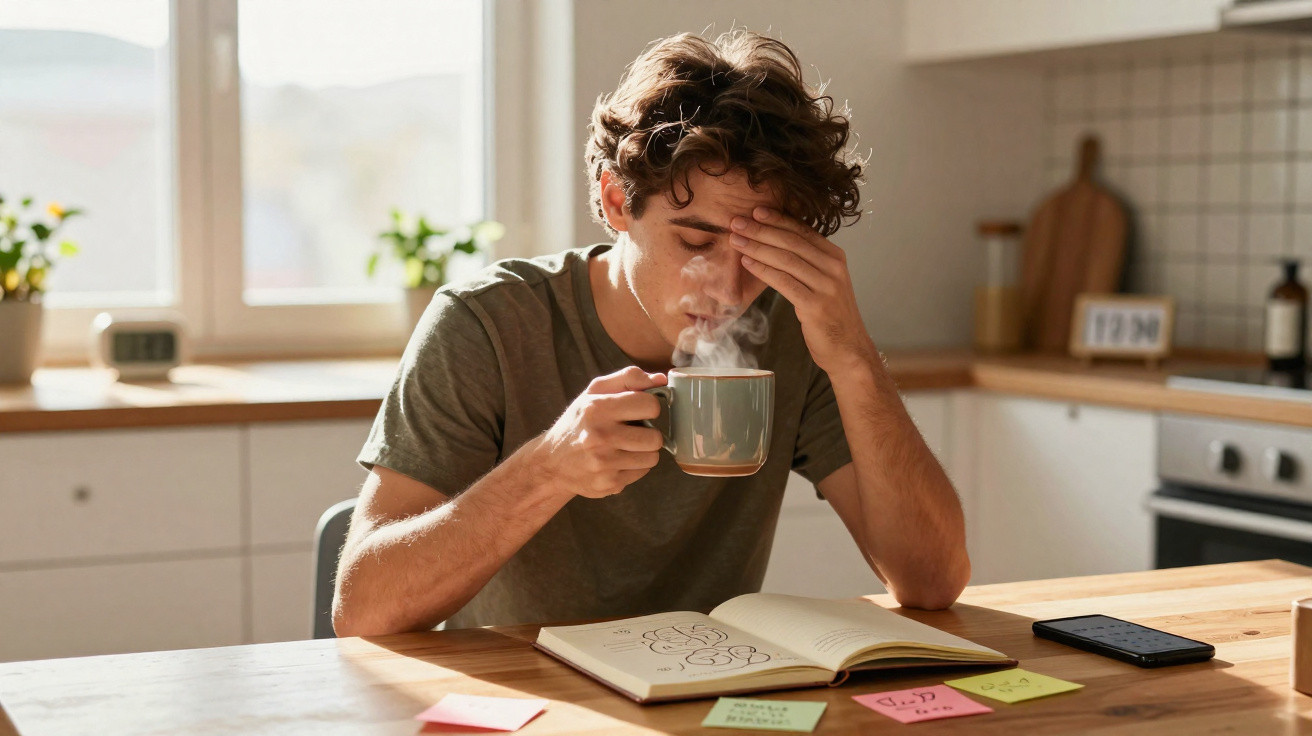 Jovem sentado à mesa numa cozinha, a beber uma bebida quente enquanto parece cansado ou stressado.