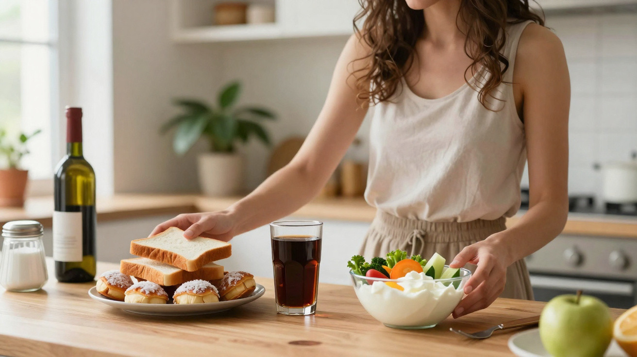 Pessoa a preparar uma refeição na cozinha com pão, bolos, salada e bebida num copo.