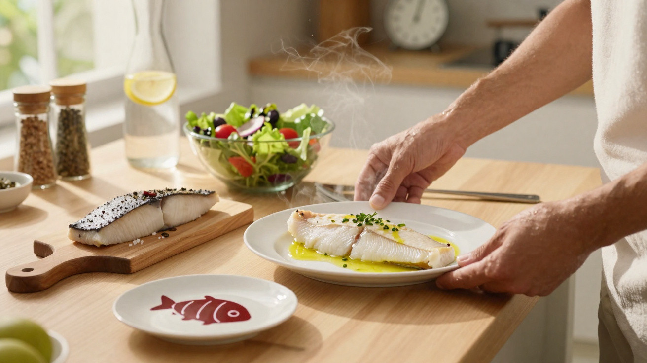 Pessoa a servir posta de peixe quente com molho e cebolinho, ao lado de salada e outro pedaço sobre tábua de madeira.