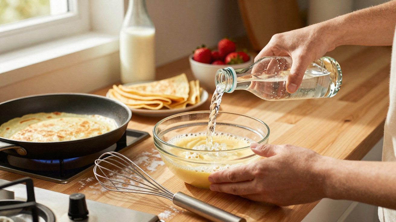Pessoa a verter água numa taça com mistura para panquecas numa cozinha iluminada com frigideira a cozinhar panquecas.