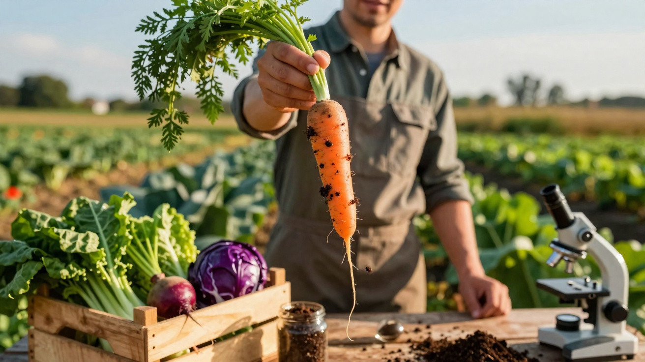 Pessoa segurando cenoura suja numa plantação, com caixa de legumes e microscópio numa mesa.