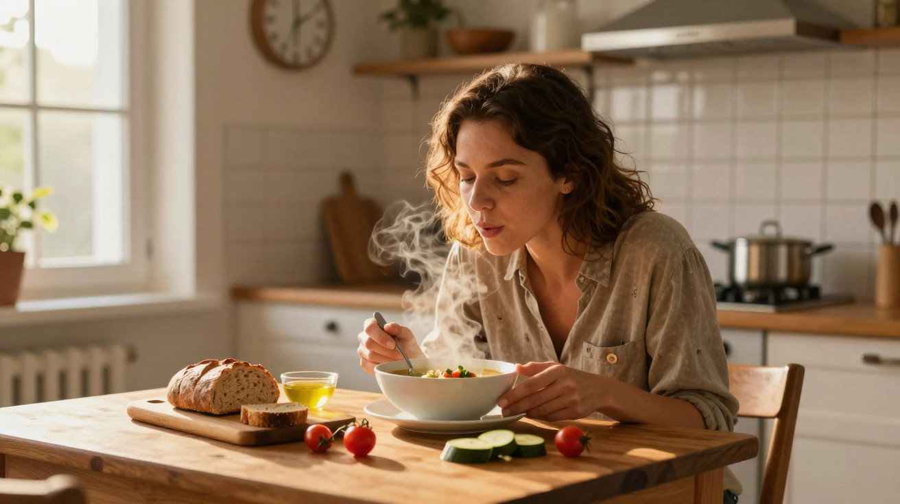 Mulher a soprar uma tigela de sopa quente numa cozinha iluminada e acolhedora.