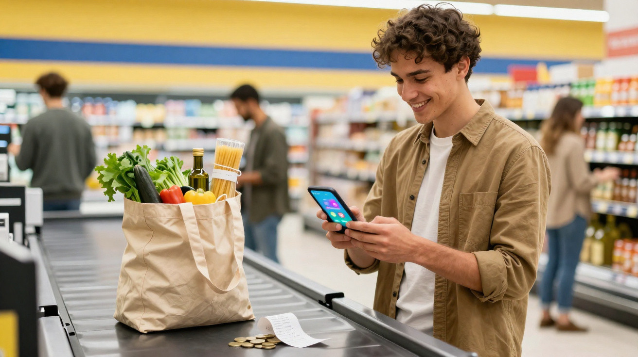 Jovem sorridente paga compras com telemóvel no supermercado, com sacola de compras cheia na esteira.