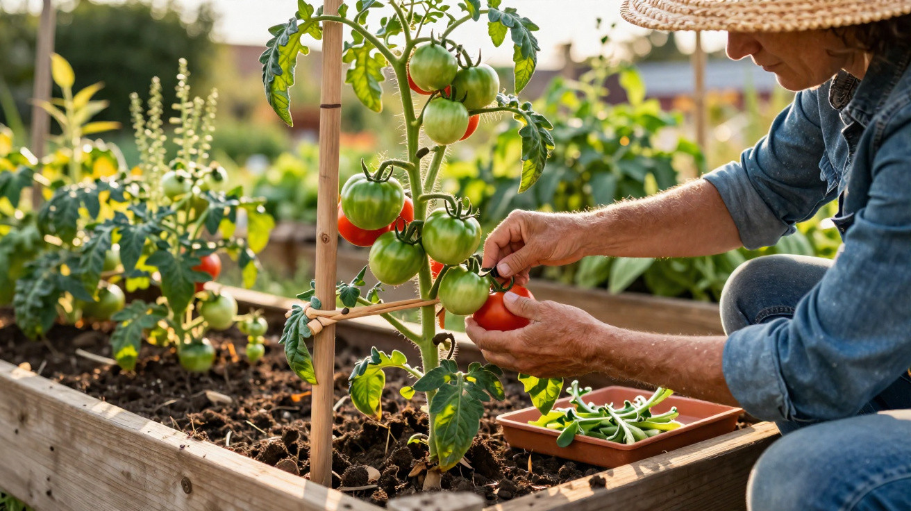 Pessoa a colher tomates maduros numa horta elevada em ambiente ensolarado.