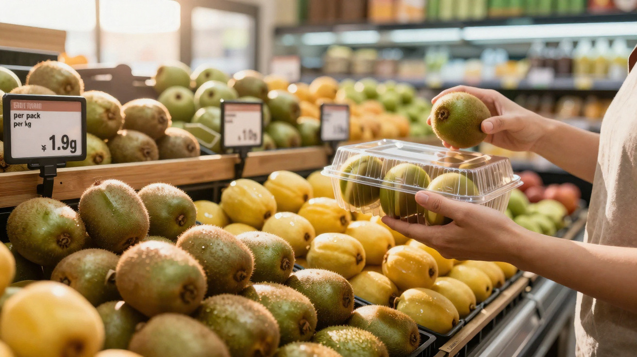 Pessoa a escolher kiwis embalados numa secção de frutas num supermercado.