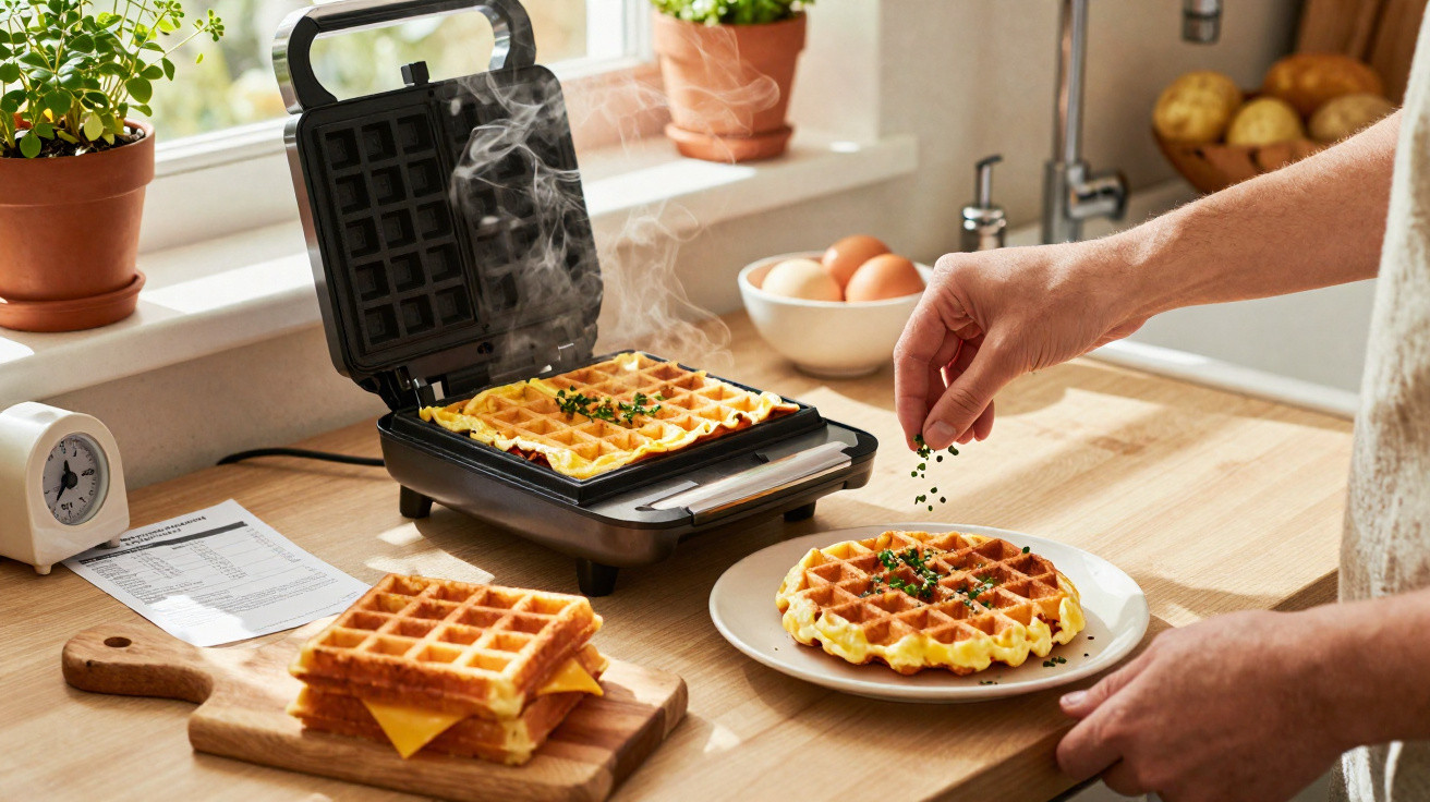 Waffles quentes a ser preparados com ervas frescas numa cozinha iluminada e arejada.