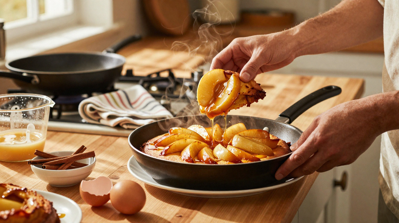 Pessoa a servir fatia de tarte quente com pêras caramelizadas numa frigideira na cozinha.