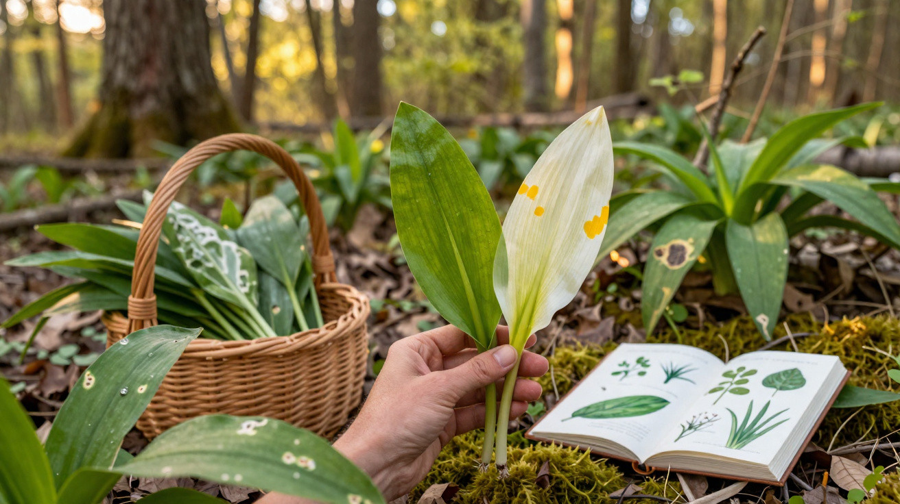 Mão compara folhas verdes com folhas brancas manchadas junto a um cesto e livro aberto numa floresta.