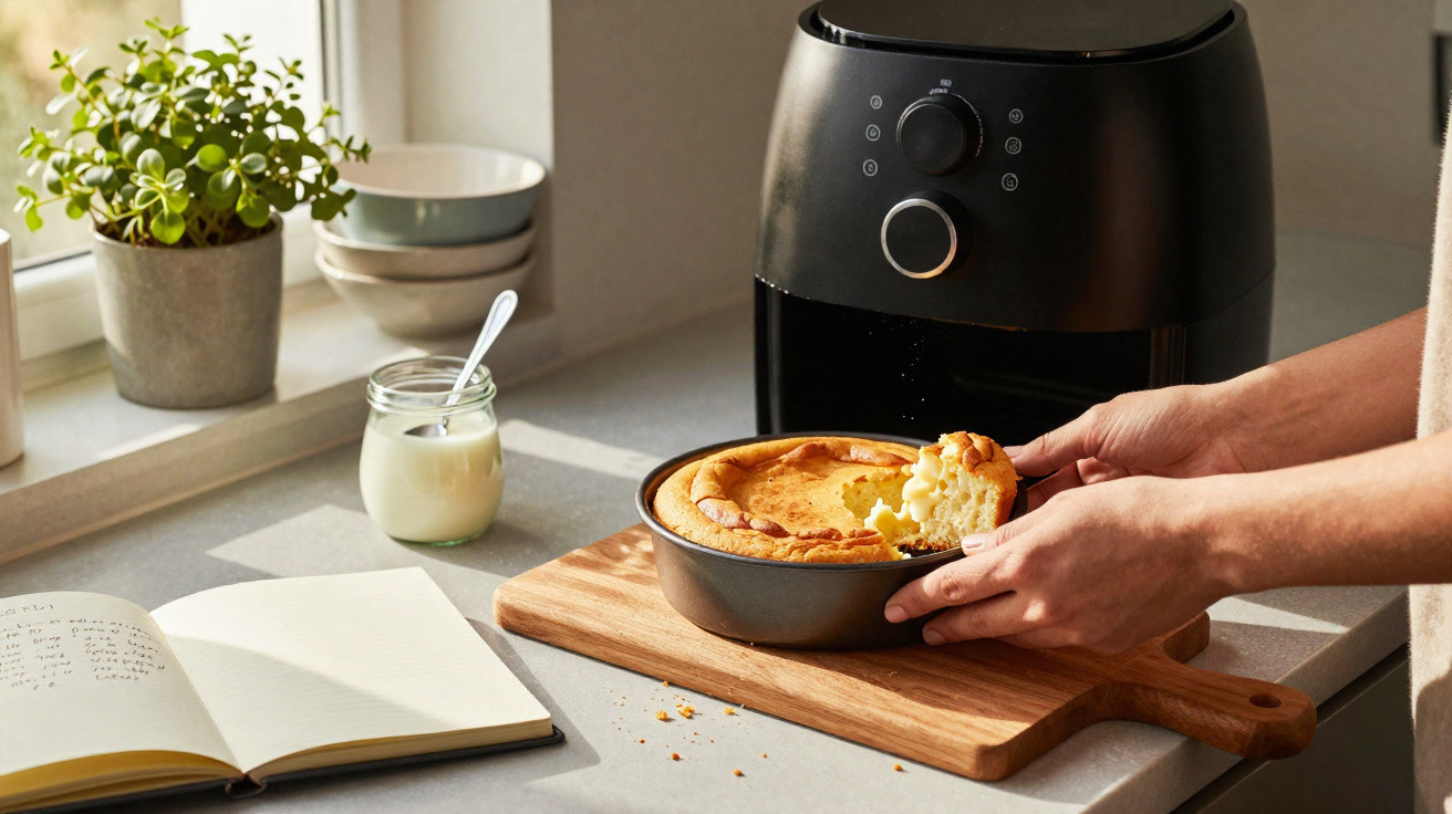 Pessoa a retirar uma fatia de bolo quente cozido em forma junto a fritadeira de ar numa cozinha iluminada.