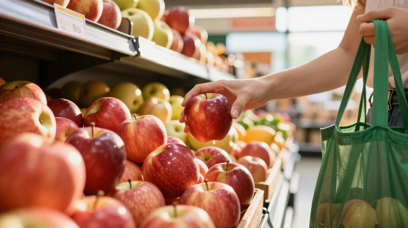 Pessoa a escolher maçã vermelha numa banca de frutas num supermercado.