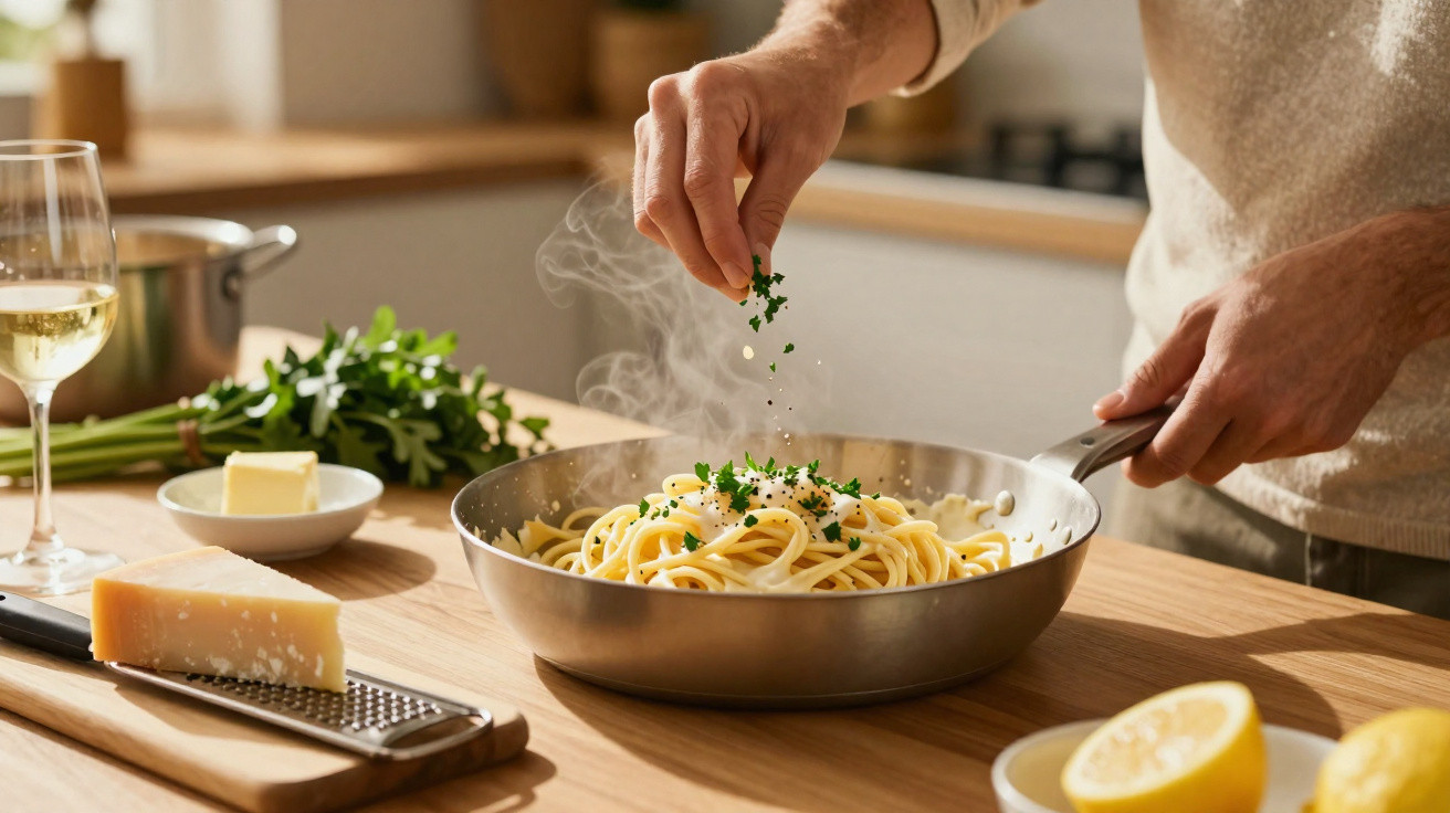 Pessoa a polvilhar ervas frescas numa frigideira com massa espaguete cozinhada numa cozinha iluminada.