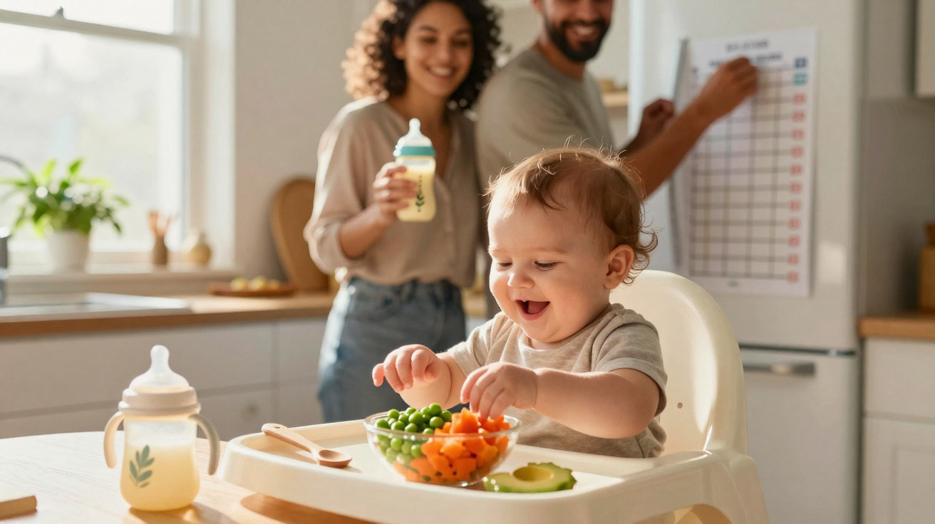 Bebé feliz na cadeira alta com legumes, pais sorrindo ao fundo na cozinha luminosa.