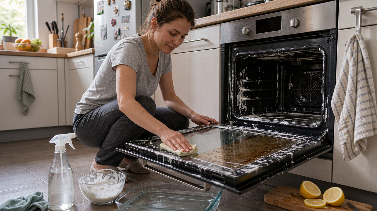 Mulher a limpar a porta de um forno na cozinha, com esponja e produtos de limpeza no chão.