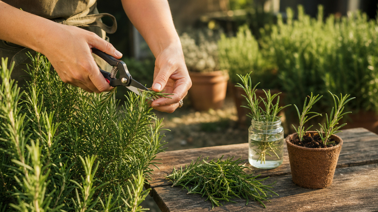 Pessoa a cortar ramos de alecrim para cultivo e propagação em jarro de vidro e vaso biodegradável.