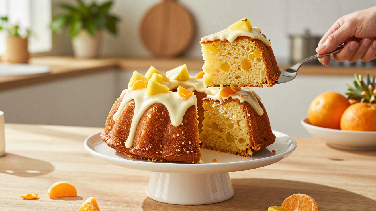 Bolo bundt com cobertura branca e pedaços de tangerina, mostrado numa fatia a ser servida numa cozinha clara.