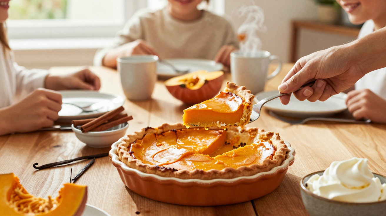 Pessoa a servir tarte de abóbora numa mesa de madeira com chávena e chantilly.