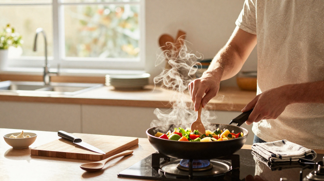 Pessoa a cozinhar legumes coloridos numa frigideira com vapor numa cozinha iluminada.