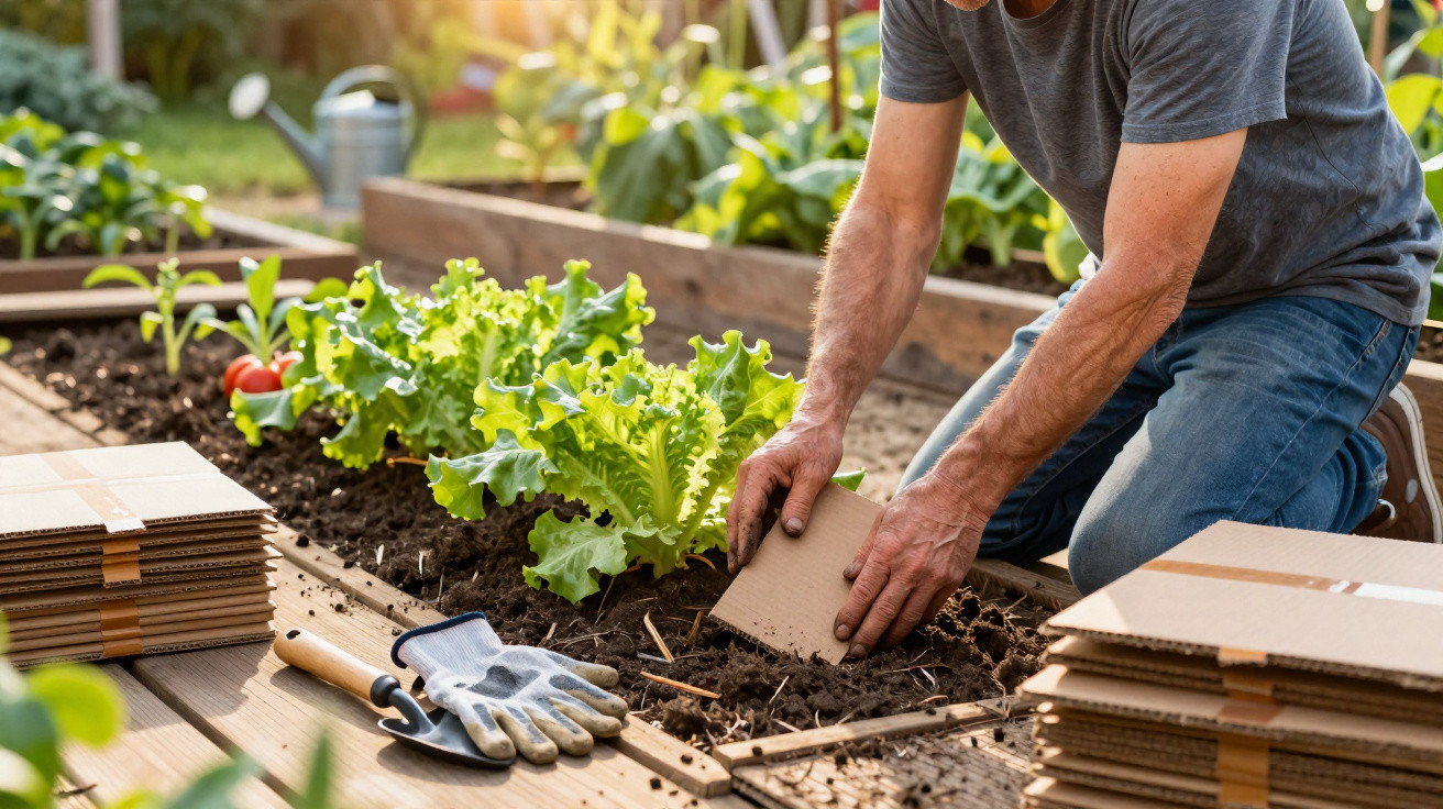 Pessoa a preparar solo na horta utilizando pedaços de cartão, com plantas verdes ao fundo e ferramentas ao lado.
