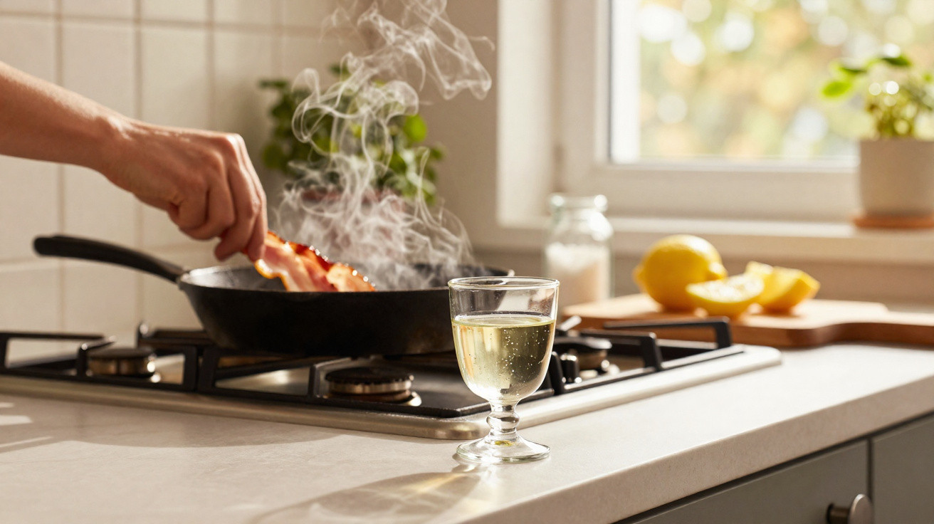 Cozinha com mão a virar bacon numa frigideira fumegante, copo com bebida e limões em fundo iluminado.