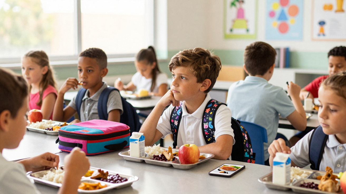 Crianças a almoçar na escola, sentadas em mesas com bandejas de comida e lancheiras coloridas.