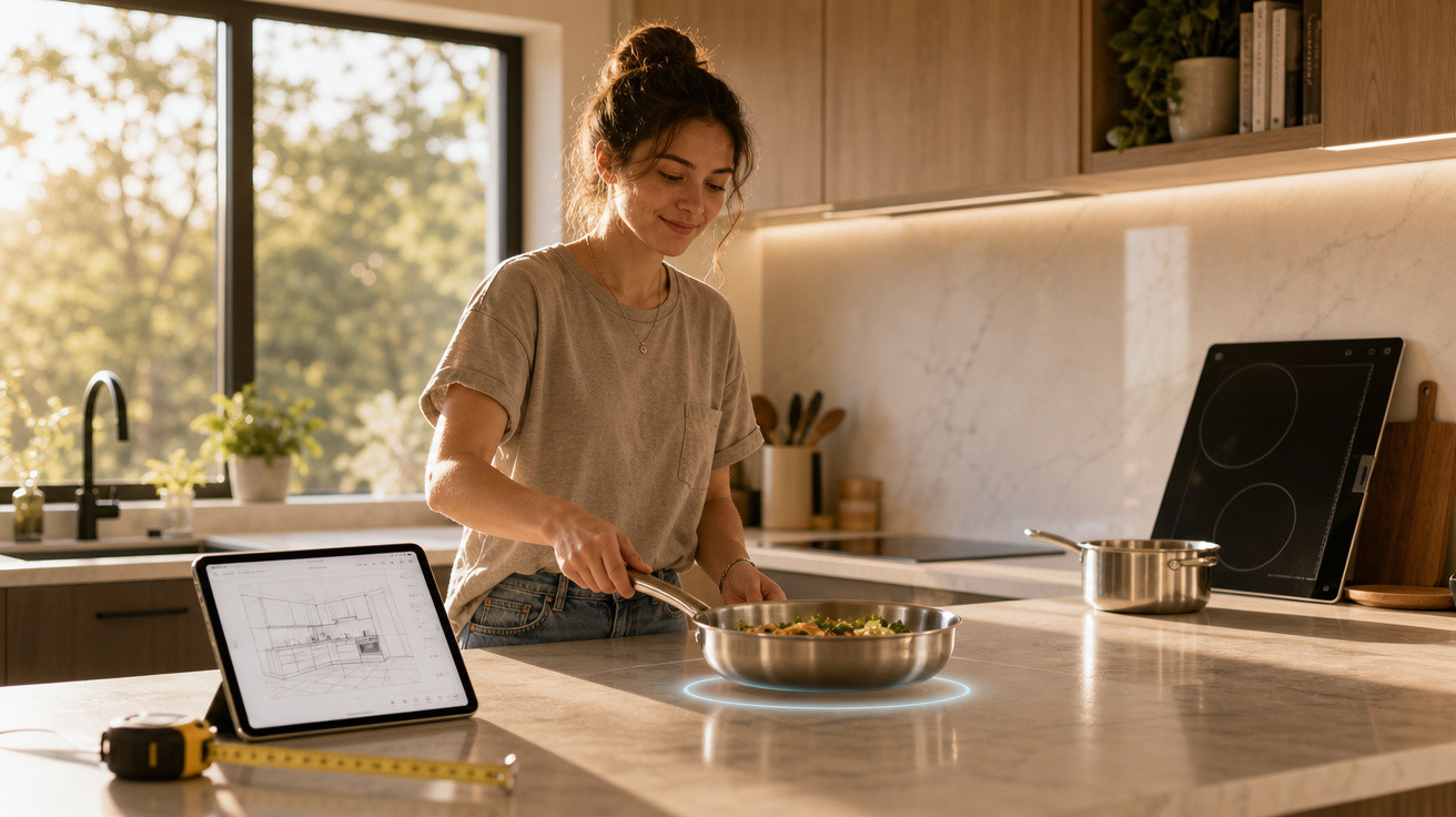 Mulher a cozinhar numa cozinha moderna com tablet e régua na bancada iluminada por luz natural.