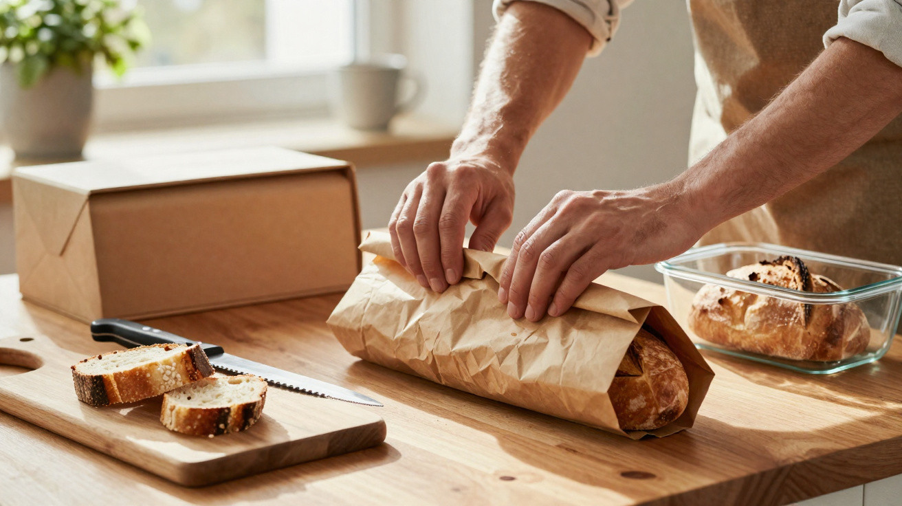 Pessoa embrulhando pão num saco de papel numa cozinha com fatias de pão numa tábua de cortar.