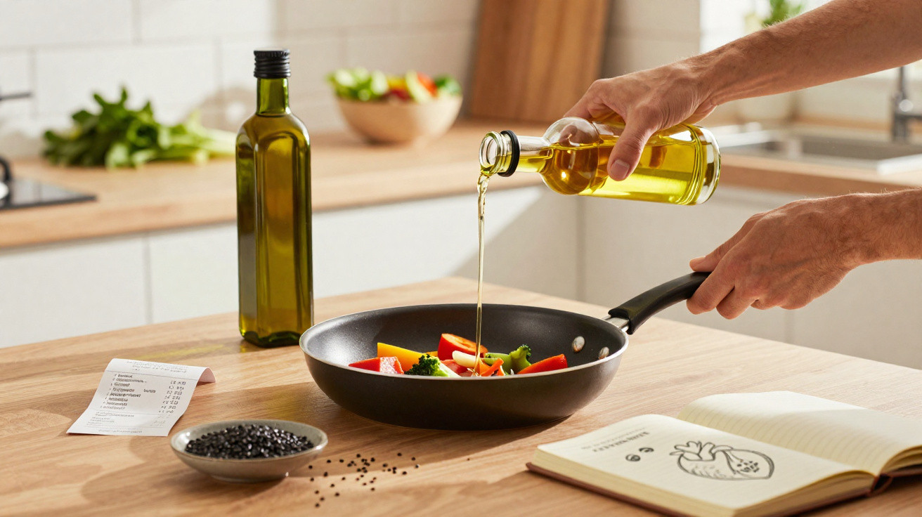 Pessoa a deitar azeite numa frigideira com legumes numa cozinha moderna iluminada.