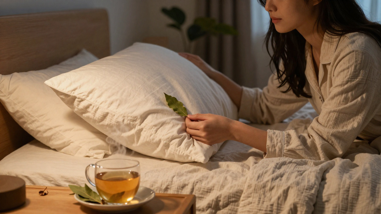 Pessoa sentada na cama a segurar uma folha, com chá numa chávena sobre a mesa ao lado.
