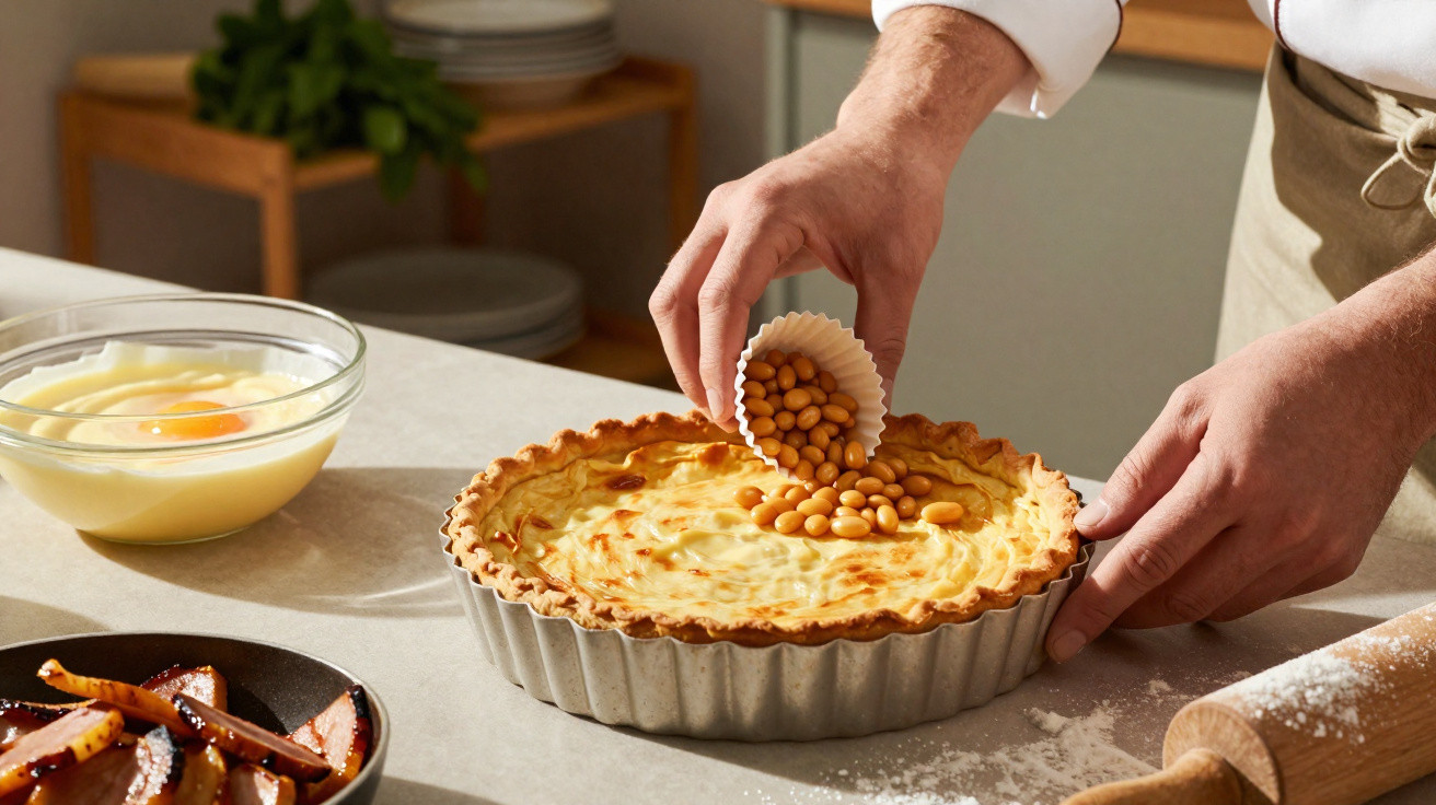 Mãos a colocar grãos de feijão numa tarte para a cozer, com ovos batidos e ingredientes na bancada da cozinha.