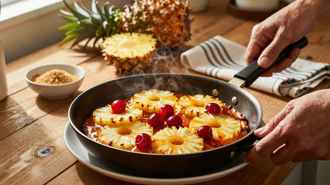 Frutas caramelizadas numa frigideira, com rodelas de ananás e cerejas, sobre prato branco numa mesa de madeira.