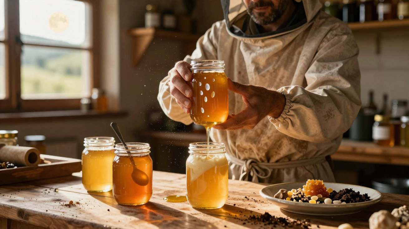 Apicultor a verter mel de um frasco para outro numa cozinha rústica com potes de mel na mesa.