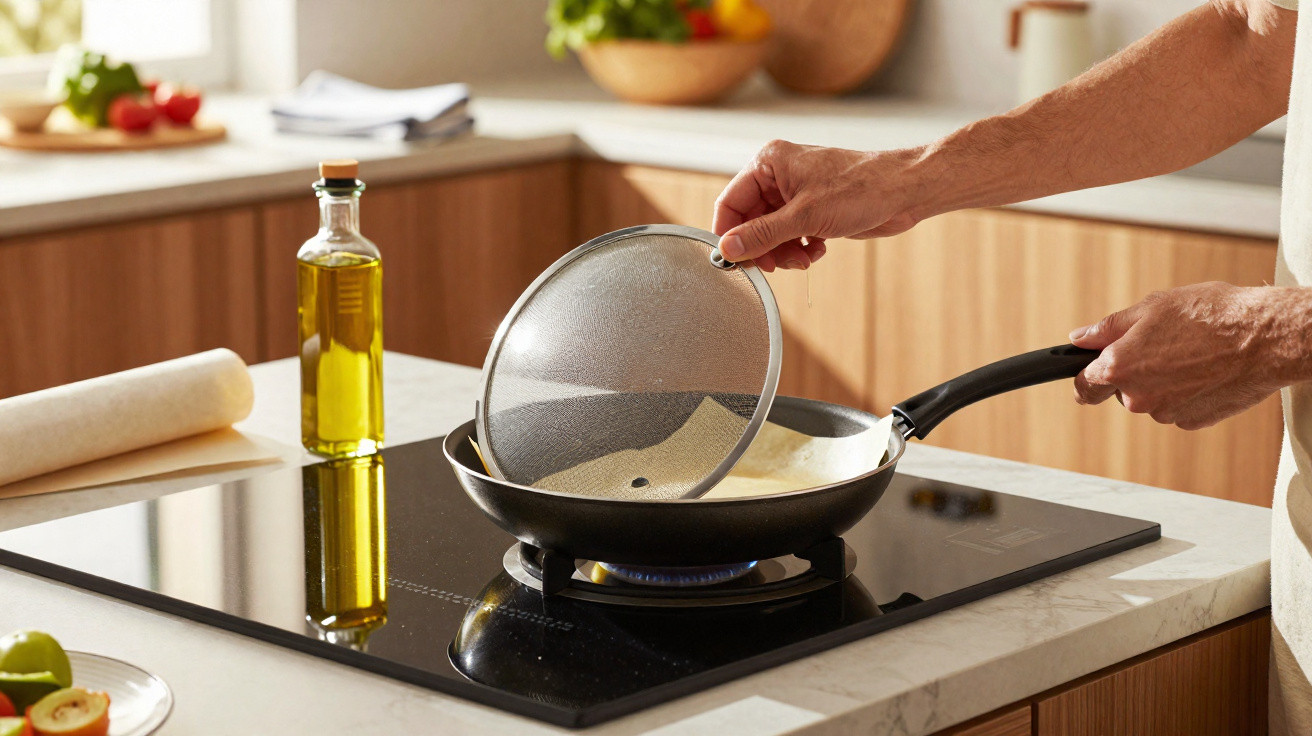 Pessoa a levantar tampa anti-óleo de frigideira com alimento a cozinhar num fogão de placa vitrocerâmica moderna numa cozinha