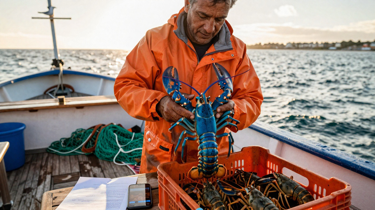 Pescador com impermeável laranja segura lagosta azul a bordo de barco com mar ao fundo ao entardecer.