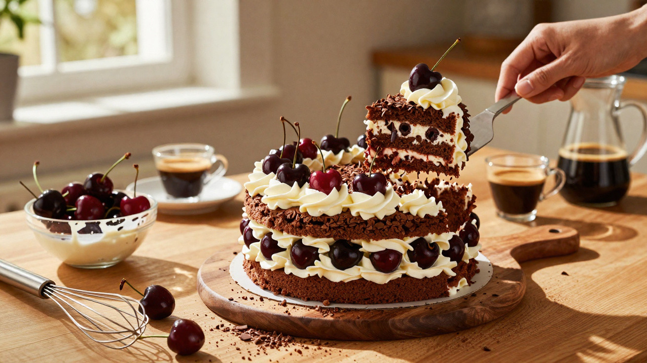 Bolo de chocolate com chantilly e cerejas, fatia a ser servida numa mesa de madeira com café.