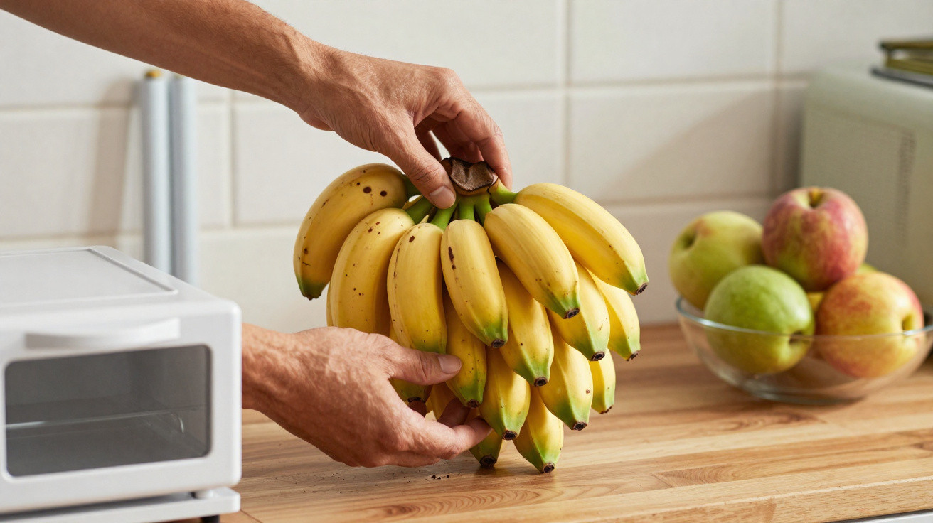 Mãos seguram um cacho de bananas maduras numa cozinha com frutas em taça ao fundo.