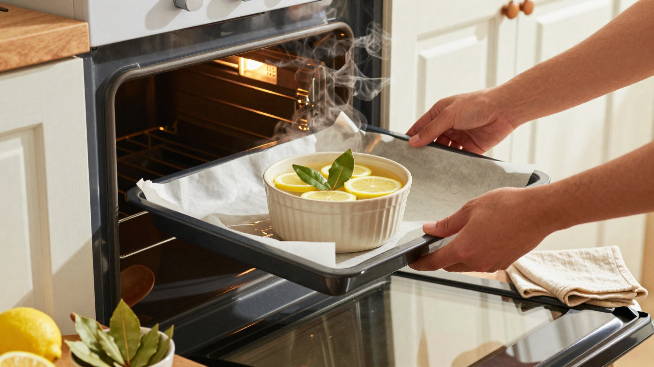 Pessoa a retirar do forno um prato com comida a vapor, decorado com rodelas de limão e folhas verdes.
