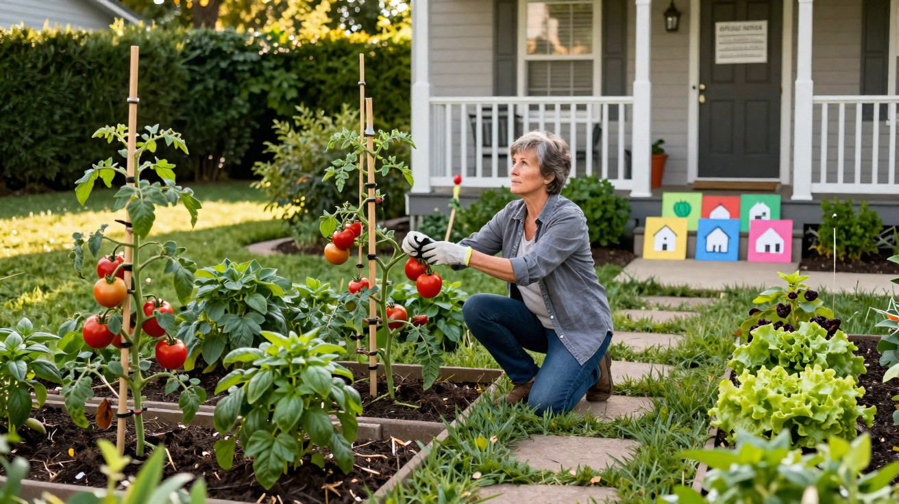 Mulher a colher tomates maduros numa horta caseira com relvado e casa ao fundo ao entardecer.