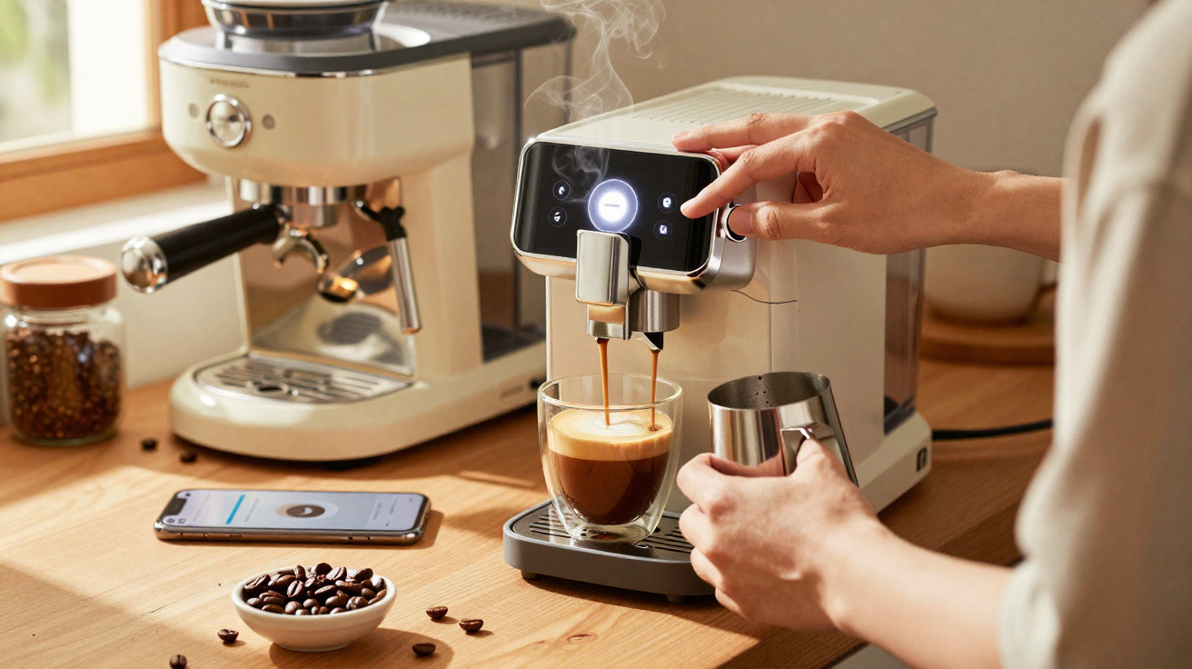 Pessoa a preparar café numa máquina automática com café a cair numa chávena de vidro numa cozinha iluminada.